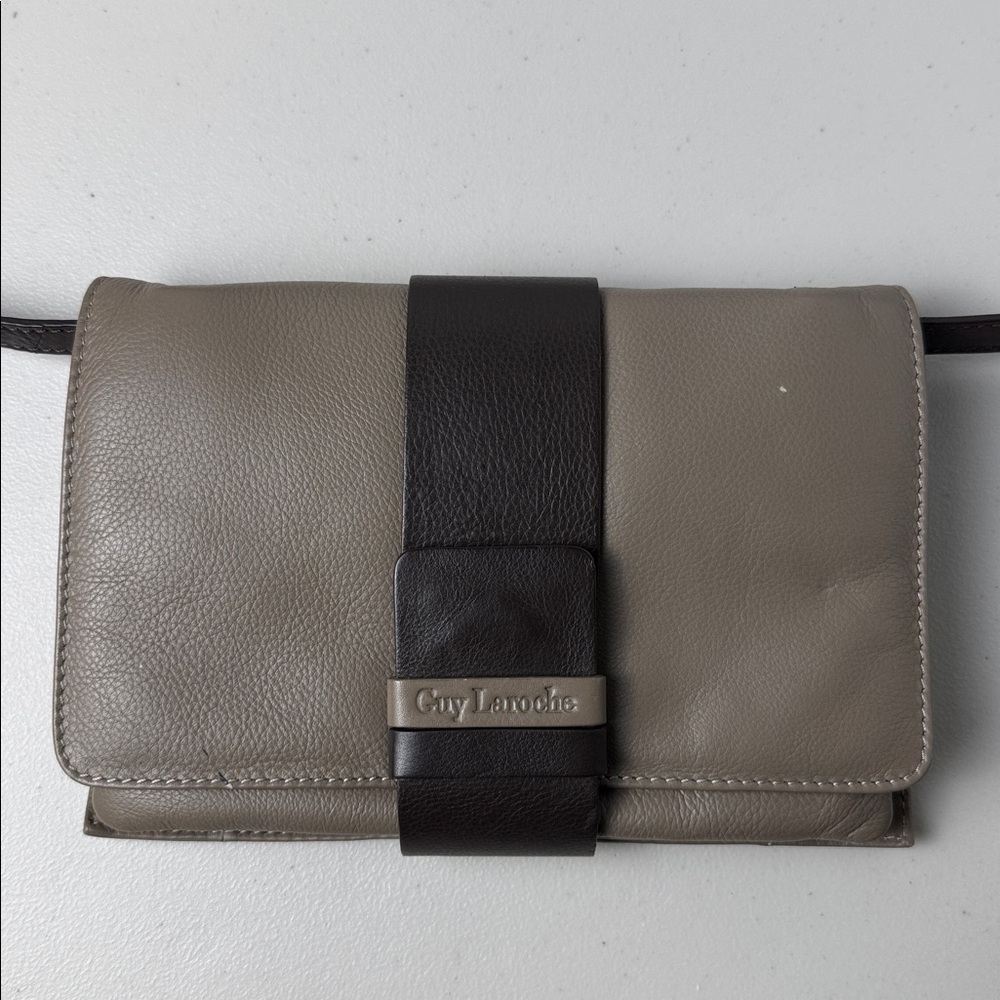 Guy Laroche Designer Leather Crossbody Bag Beige‑Grey and Dark Brown - Picture 2 of 16